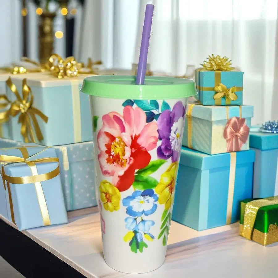 Vaso con popote Flores Capacidad 650 ml