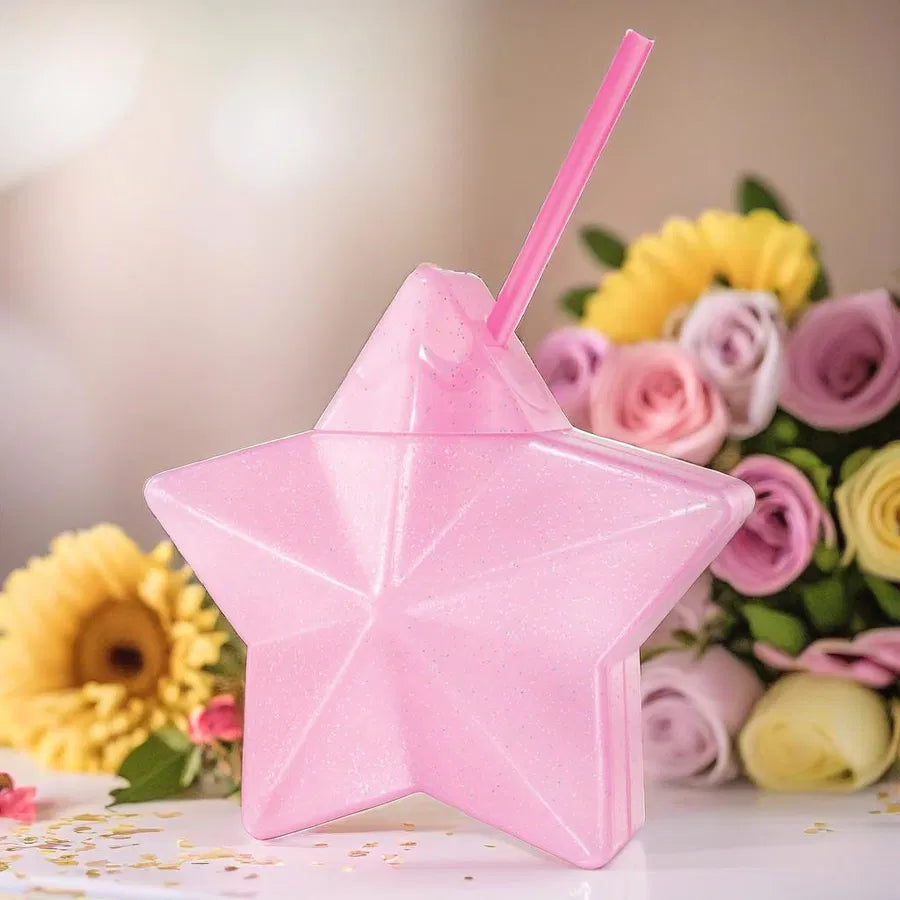 Vaso Estrella con Popote Rosa Glitter - Cap. 600 ml