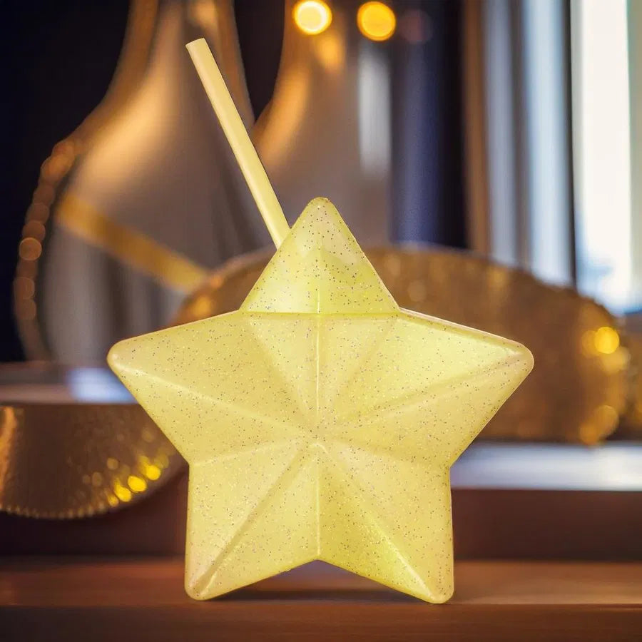 Vaso Estrella con Popote Amarillo Glitter - Cap. 600 ml