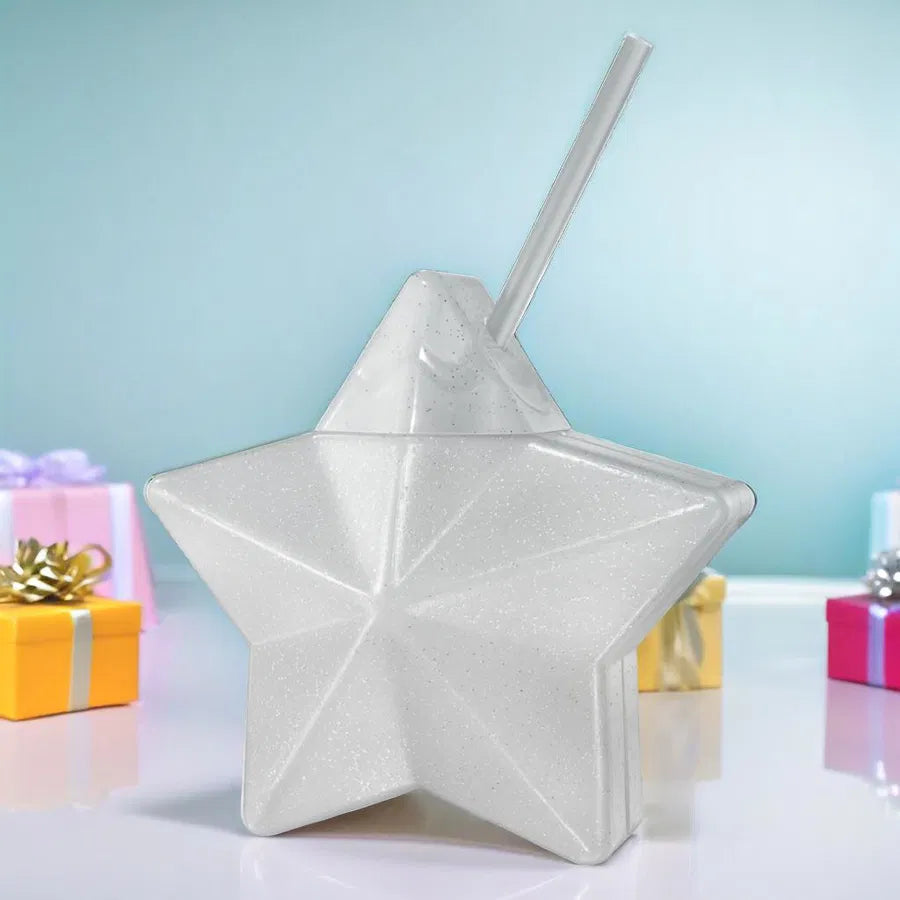 Vaso Estrella con Popote Plata Glitter – 600 ml