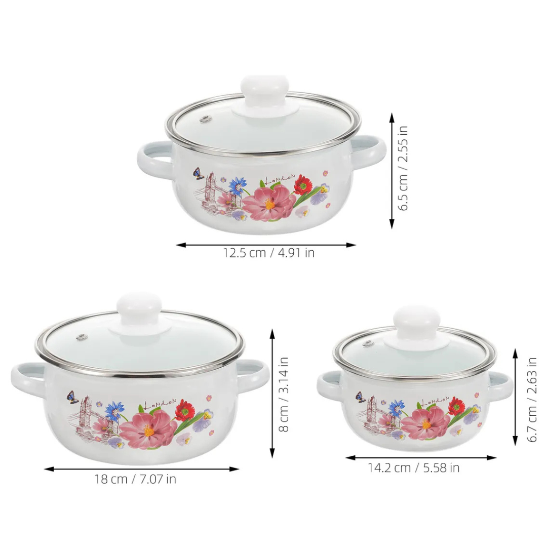 Juego de 3 Ollas de Peltre con Tapa de Vidrio – Estampado Floral