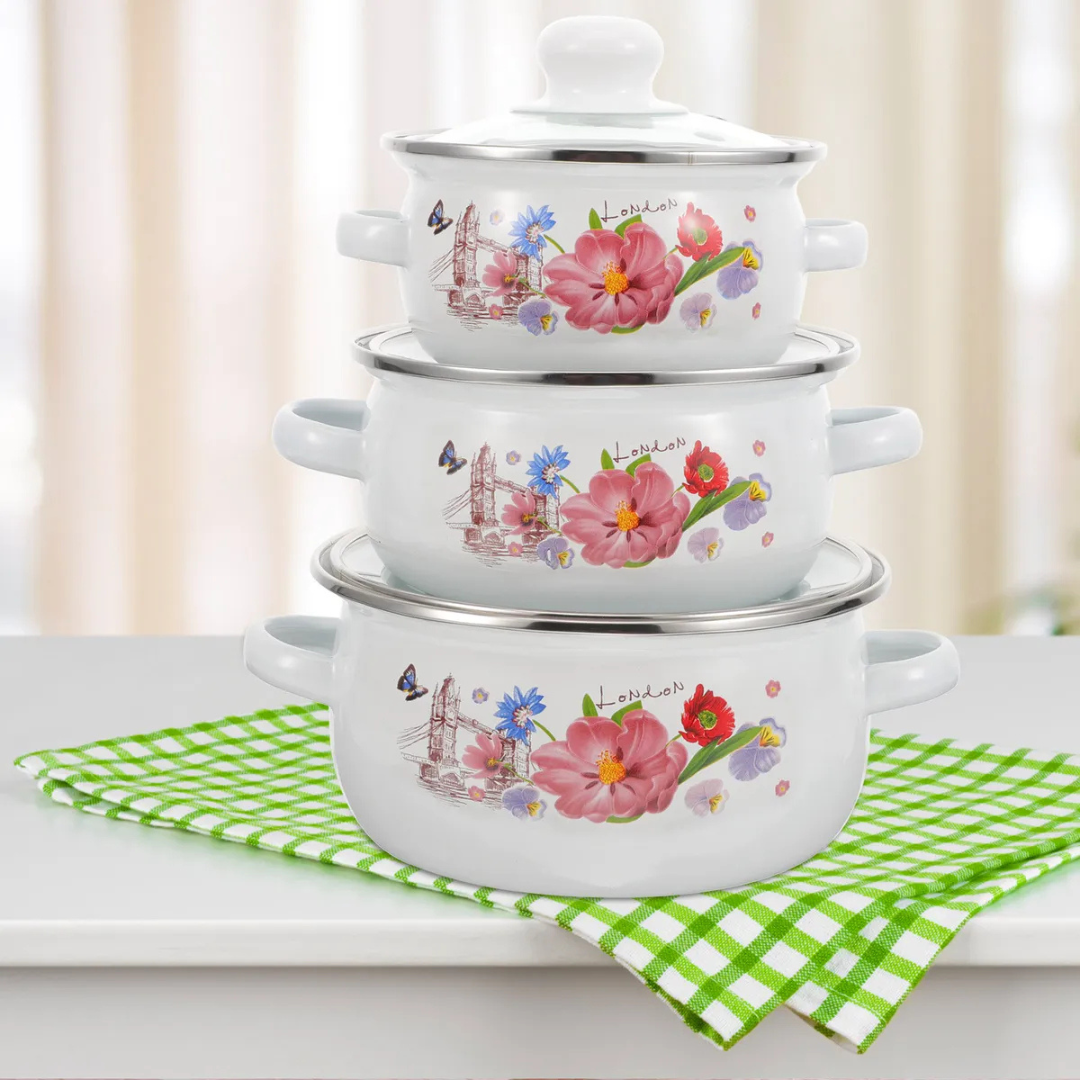 Juego de 3 Ollas de Peltre con Tapa de Vidrio – Estampado Floral