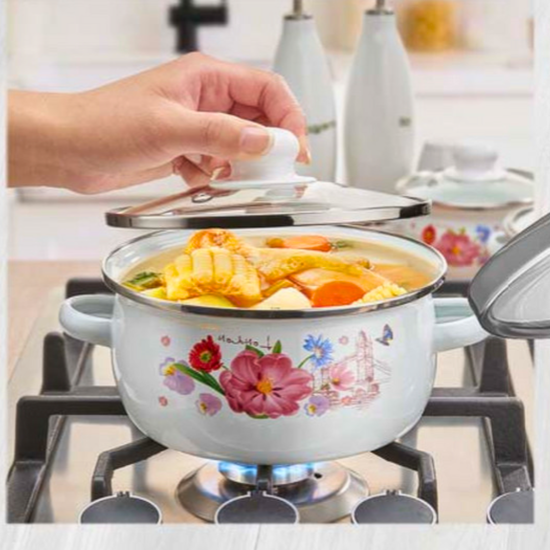 Juego de 3 Ollas de Peltre con Tapa de Vidrio – Estampado Floral