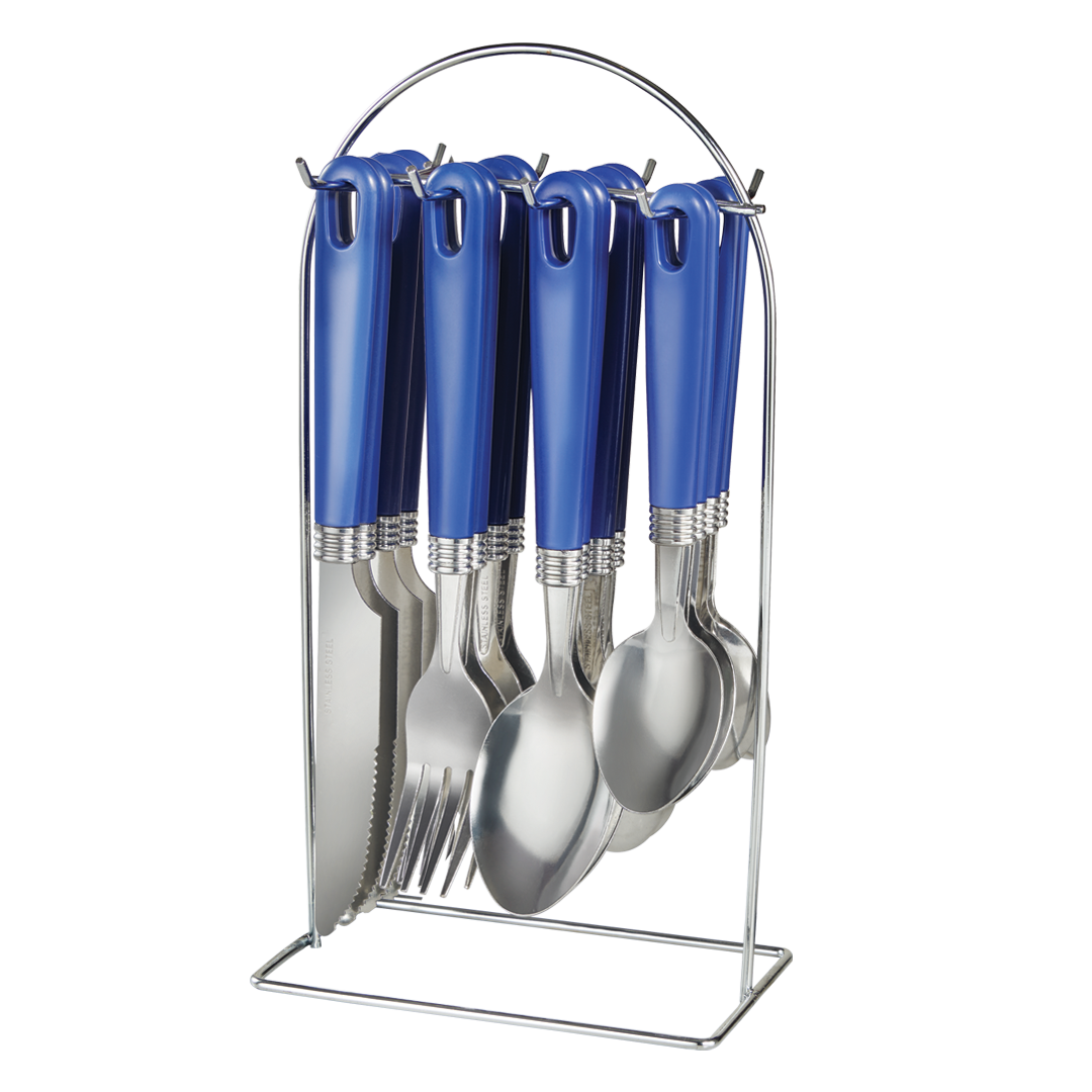Juego de 16 cubiertos azul con rack