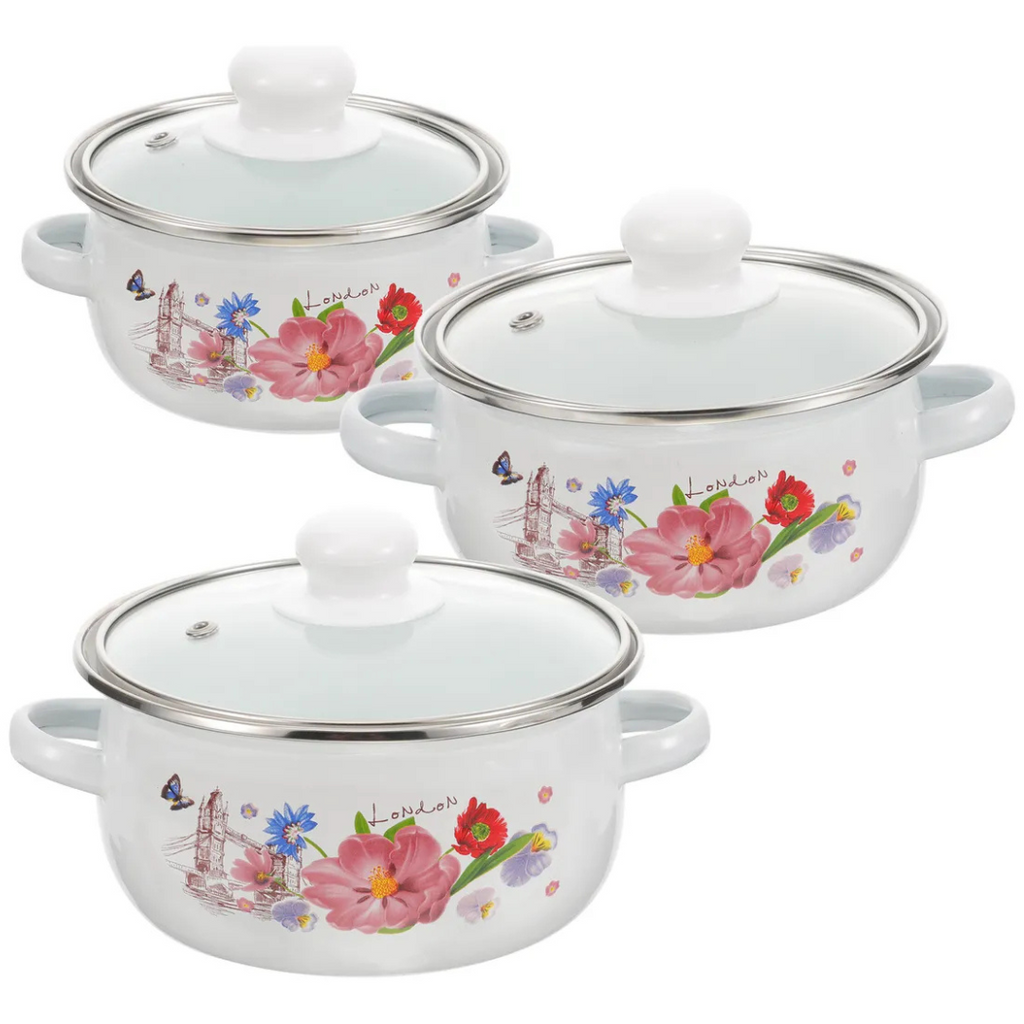 Juego de 3 Ollas de Peltre con Tapa de Vidrio – Estampado Floral