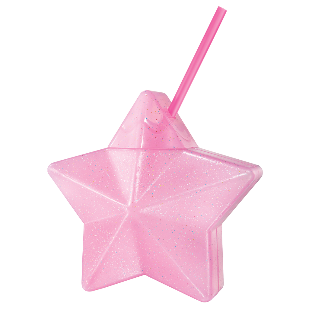 Vaso Estrella con Popote Rosa Glitter - Cap. 600 ml