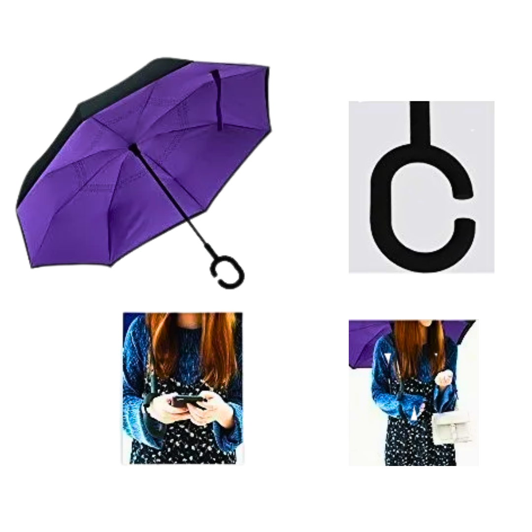 Paraguas Invertido Doble Capa Mango Forma C Morado