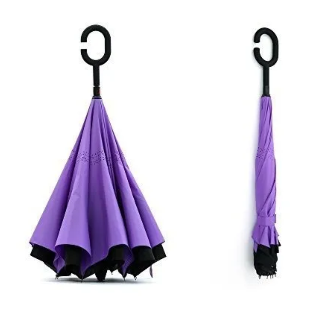 Paraguas Invertido Doble Capa Mango Forma C Morado