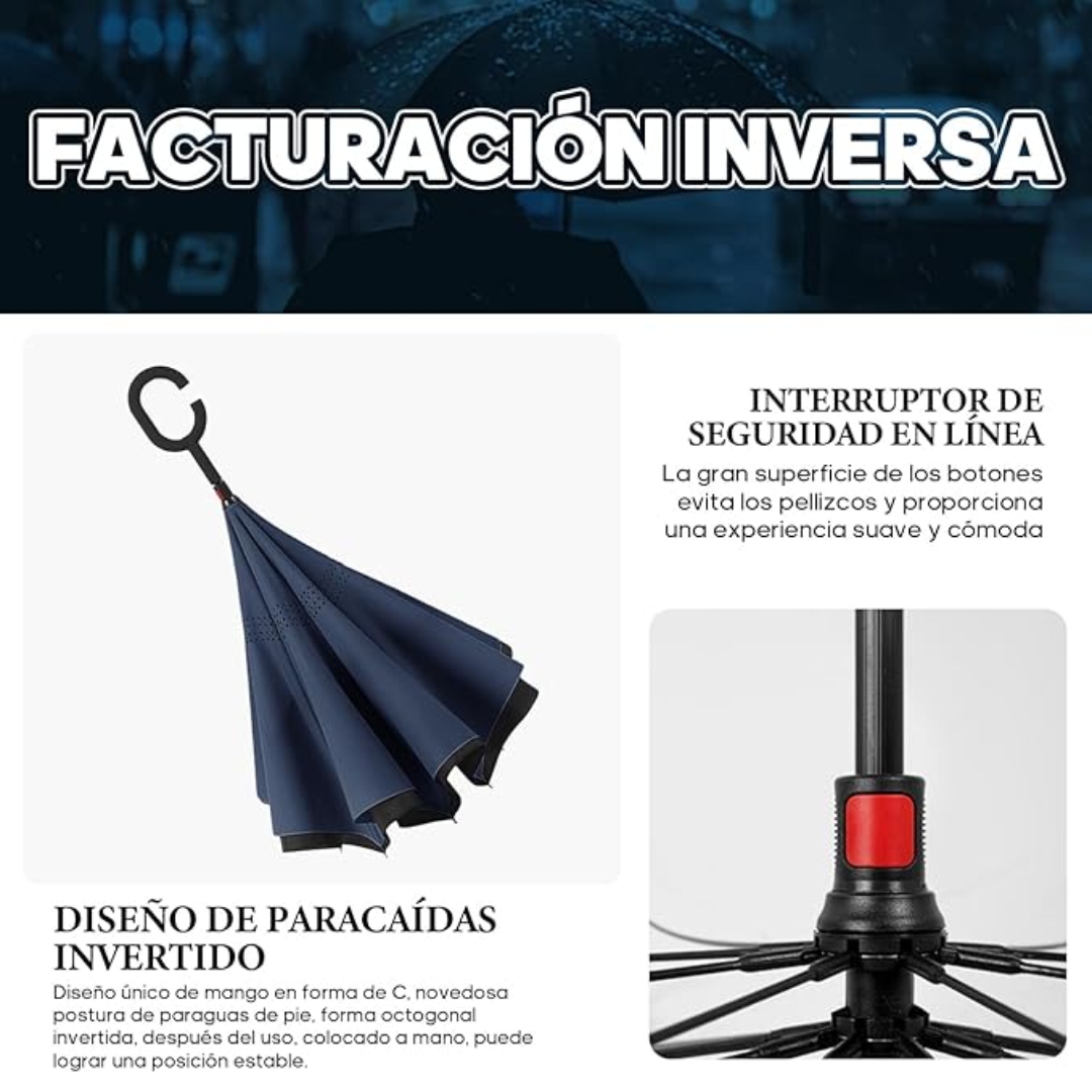 Paraguas Invertido Doble Capa Mango Forma C Negro