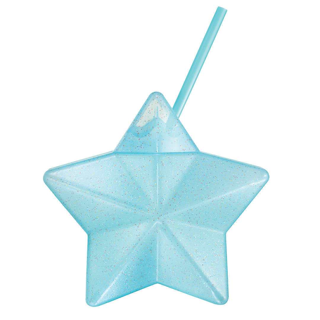 Vaso Estrella con Popote Azul Glitter – 600 ml