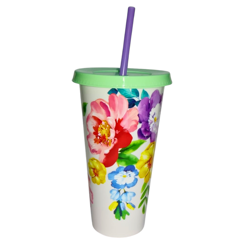 Vaso con popote Flores Capacidad 650 ml